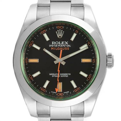 The image shows a front view of the dial and part of the bracelet of a Rolex Milgauss 116400V Men's Stainless Steel Black Dial 116400V Men's Stainless Steel Black Dial watch.