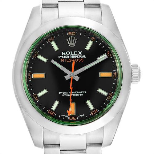 The image shows a front view of the Rolex Milgauss 116400V Men's Stainless Steel Black Dial 116400V Men's Stainless Steel Black Dial watch, displaying its black dial, green sapphire crystal, and stainless steel bracelet.