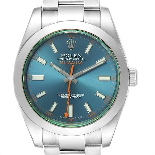 This image shows a front view of the Rolex Milgauss 116400GV Men's Stainless Steel Blue Dial 116400GV Men's Stainless Steel Blue Dial watch, highlighting its face, hands, and part of the metal band.