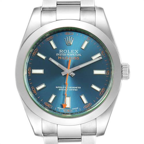 This image shows a front view of the Rolex Milgauss 116400GV Men's Stainless Steel Blue Dial 116400GV Men's Stainless Steel Blue Dial watch, highlighting its blue dial, orange lightning bolt second hand, and stainless steel case and band.