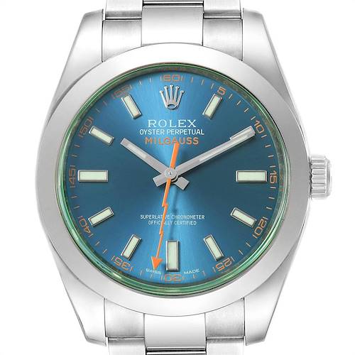 This image shows the front view of the Rolex Milgauss 116400GV Men's Stainless Steel Blue Dial 116400GV Men's Stainless Steel Blue Dial watch, highlighting its blue dial and stainless steel bracelet.