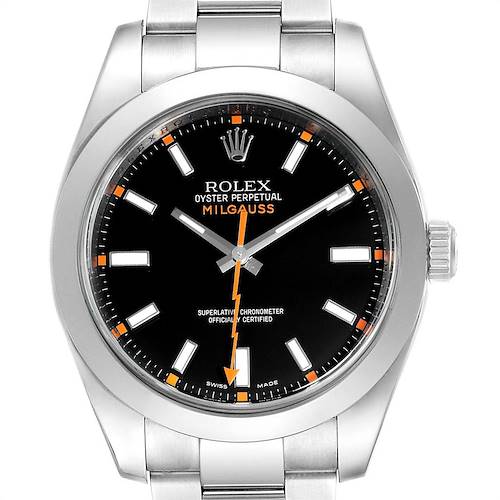 The image shows a front view of a Rolex Milgauss 116400 Men's Stainless Steel Black Dial 116400 Men's Stainless Steel Black Dial watch, displaying the dial, hands, crown, and part of the bracelet.