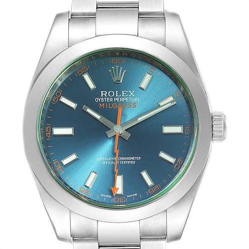 The image shows a front view of the Rolex Milgauss 116400GV Men's Stainless Steel Blue Dial 116400GV Men's Stainless Steel Blue Dial watch, displaying its blue dial, hour markers, and second hand.