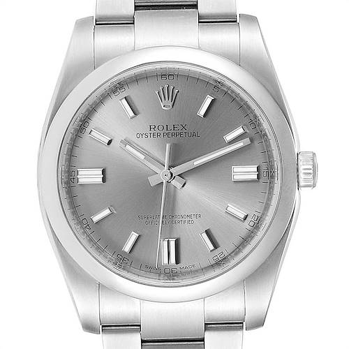 This is a close-up view of the Rolex Milgauss 116000 Men's Stainless Steel Grey Dial 116000 Men's Stainless Steel Grey Dial watch showing the dial, hands, markers, crown, and part of the bracelet.