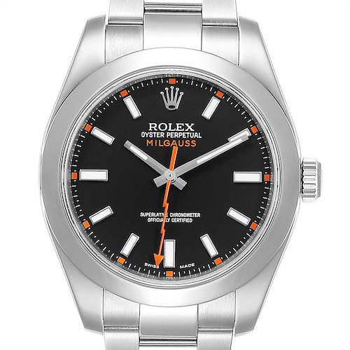 The image shows a front view of the Rolex Milgauss 116400 Men's Stainless Steel Black Dial 116400 Men's Stainless Steel Black Dial watch, highlighting its black dial, orange accents, and stainless steel bracelet.