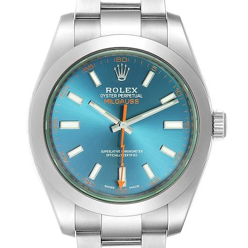 This image shows a front view of a Rolex Milgauss 116400GV Men's Stainless Steel Blue Dial 116400GV Men's Stainless Steel Blue Dial watch, displaying its blue dial, hands, hour markers, and part of the stainless steel bracelet.
