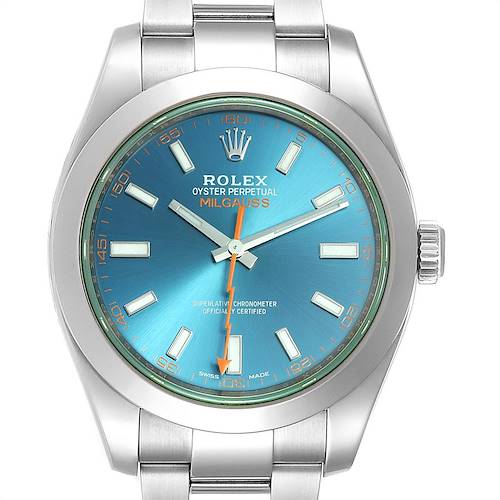 The image shows a front view of a Rolex Milgauss 116400GV Men's Stainless Steel Blue Dial 116400GV Men's Stainless Steel Blue Dial watch, highlighting its blue dial, stainless steel case, and bracelet.