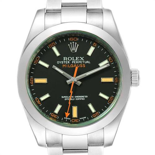 This image shows a front view of the Rolex Milgauss 116400V Men's Stainless Steel Black Dial 116400V Men's Stainless Steel Black Dial watch, highlighting the dial, bezel, crown, and part of the bracelet.