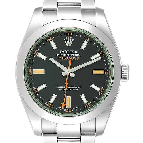 This image shows a front view of the Rolex Milgauss 116400GV Men's Stainless Steel Black Dial 116400GV Men's Stainless Steel Black Dial watch, highlighting its face, hands, and bracelet.