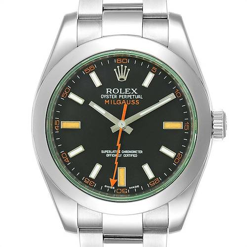 The image shows a front view of the Rolex Milgauss 116400V Men's Stainless Steel Black Dial 116400V Men's Stainless Steel Black Dial watch featuring its dial, bezel, and a portion of the bracelet.