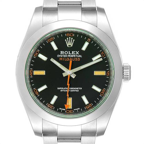 The image shows a front view of the Rolex Milgauss 116400V Men's Stainless Steel Black Dial 116400V Men's Stainless Steel Black Dial watch, highlighting its dial, hands, and bracelet.