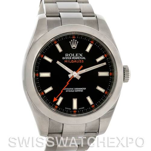 The image shows a front view of a Rolex Milgauss 116400BKSO Men's Stainless Steel Black Dial 116400BKSO Men's Stainless Steel Black Dial watch displaying the face, crown, and part of the bracelet.