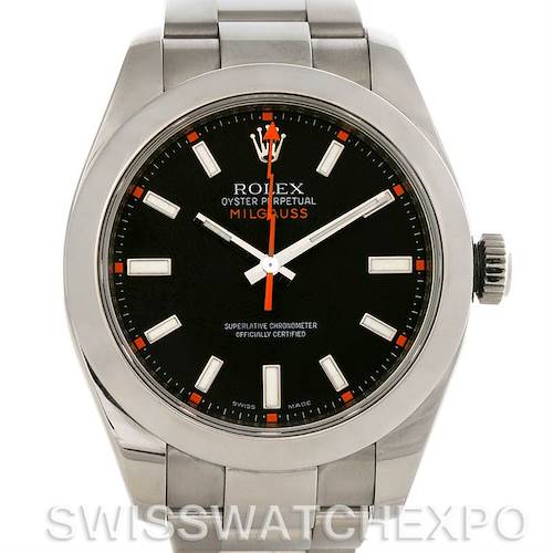 This image shows a front view of a Rolex Milgauss 116400BKSO Men's Stainless Steel Black Dial 116400BKSO Men's Stainless Steel Black Dial watch focusing on the dial, case, and bracelet.