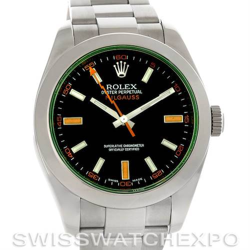 The image shows a front view of the Rolex Milgauss 116400V Men's Stainless Steel Black Dial 116400V Men's Stainless Steel Black Dial watch face and part of its stainless steel bracelet.