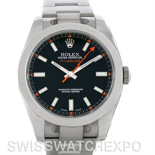 The image shows a front view of a Rolex Milgauss 116400BKSO Men's Stainless Steel Black Dial 116400BKSO Men's Stainless Steel Black Dial watch, displaying its bezel, dial, hands, bracelet, and crown.