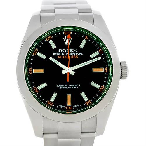 The Rolex Milgauss 116400V Men's Stainless Steel Black Dial 116400V Men's Stainless Steel Black Dial watch is shown from a front angle, displaying the dial, hands, crown, and part of the bracelet.