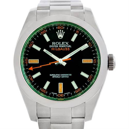 The image shows a front-facing view of a Rolex Milgauss 116400V Men's Stainless Steel Black Dial 116400V Men's Stainless Steel Black Dial watch, highlighting the dial, bezel, hands, and part of the bracelet.