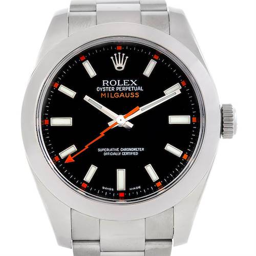 The image shows a front view of the Rolex Milgauss 116400 Men's Stainless Steel Black Dial 116400 Men's Stainless Steel Black Dial watch, displaying its face, bezel, crown, and bracelet.