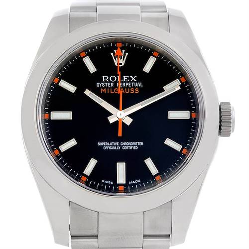 The image shows a front view of a Rolex Milgauss 116400 Men's Stainless Steel Black Dial 116400 Men's Stainless Steel Black Dial watch, featuring its black dial, orange lightning-bolt second hand, and stainless steel bracelet.