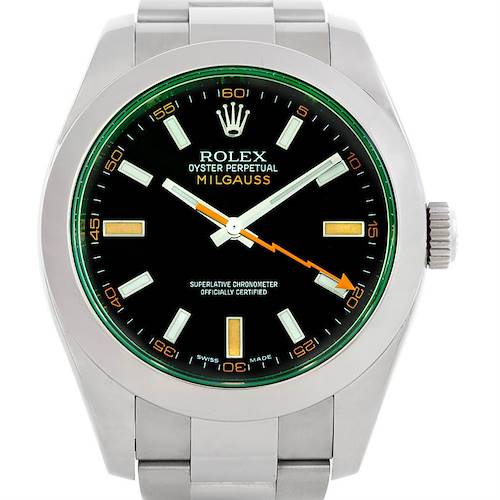The image shows a front view of a Rolex Milgauss 116400V Men's Stainless Steel Black Dial 116400V Men's Stainless Steel Black Dial watch, highlighting its black dial, green-tinted sapphire crystal, and stainless steel case.