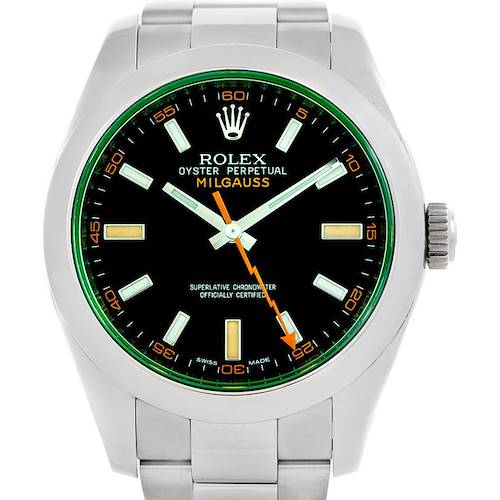 The image shows a front view of the Rolex Milgauss 116400V Men's Stainless Steel Black Dial 116400V Men's Stainless Steel Black Dial watch displaying its face, crown, and a portion of the bracelet.