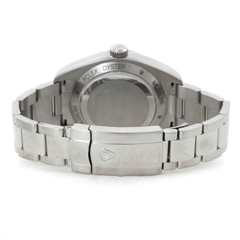 The image shows the back view of a Rolex Milgauss 116400 Men's Stainless Steel Black Dial 116400 Men's Stainless Steel Black Dial watch, including its case back, bracelet, and clasp.