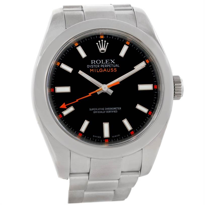 This image shows a frontal view of a Rolex Milgauss 116400 Men's Stainless Steel Black Dial 116400 Men's Stainless Steel Black Dial watch, highlighting its black dial, orange lightning bolt seconds hand, and stainless steel bracelet.