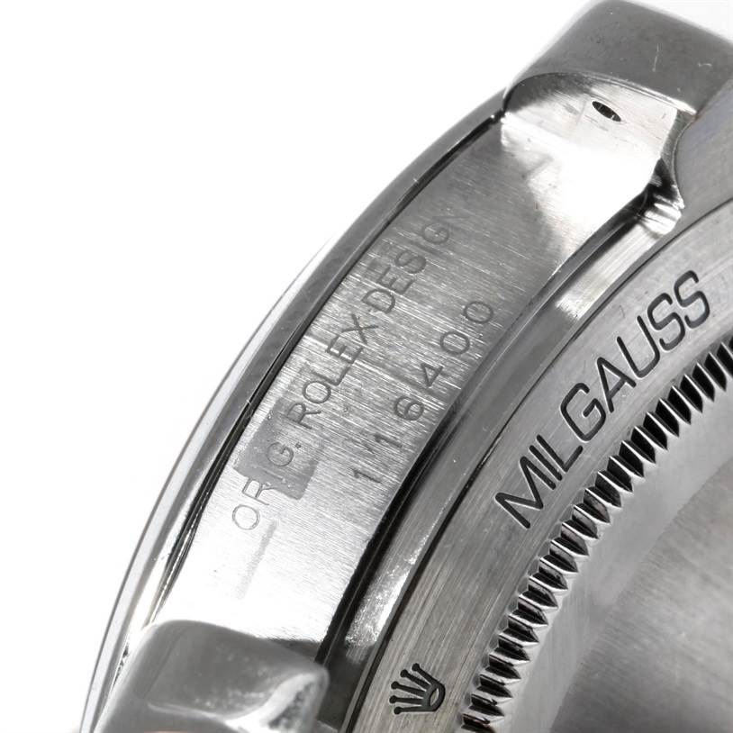 This image shows a close-up of the side and bezel of a Rolex Milgauss 116400 Men's Stainless Steel Black Dial 116400 Men's Stainless Steel Black Dial watch, highlighting the engraved model name.