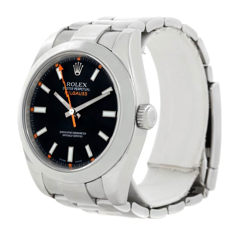 The image shows a Rolex Milgauss 116400 Men's Stainless Steel Black Dial 116400 Men's Stainless Steel Black Dial watch at a slight angle from the front, displaying the face, bezel, crown, and part of the bracelet.