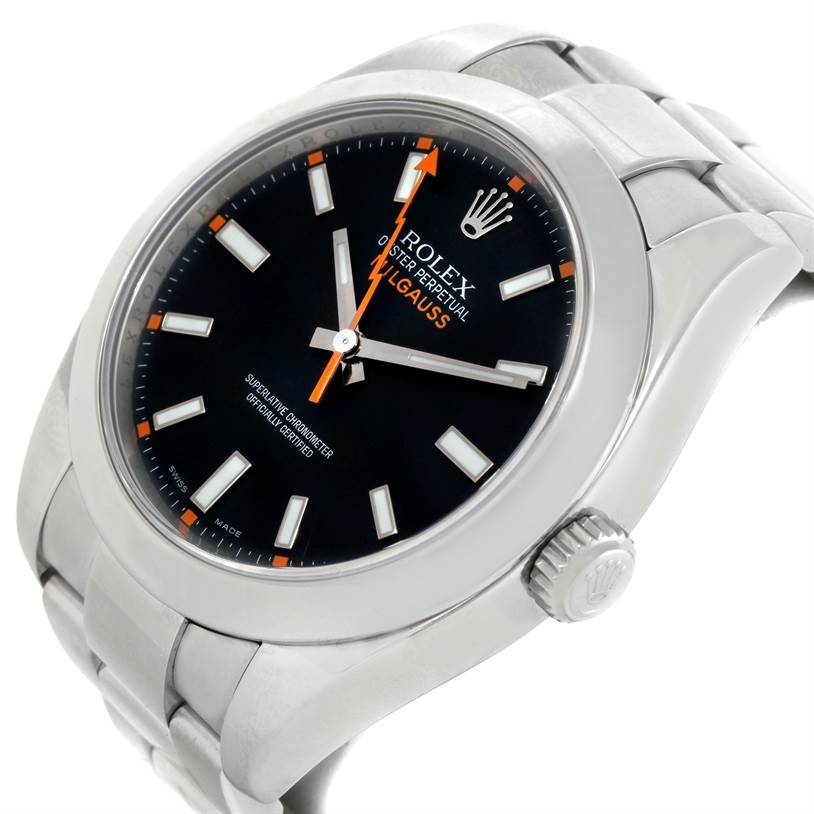 The Rolex Milgauss 116400 Men's Stainless Steel Black Dial 116400 Men's Stainless Steel Black Dial watch is shown at a three-quarter angle, displaying the dial, crown, and part of the stainless steel bracelet.