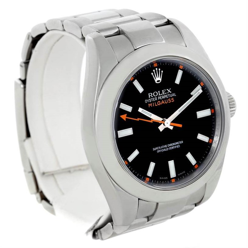 The image shows a front angle of the Rolex Milgauss 116400 Men's Stainless Steel Black Dial 116400 Men's Stainless Steel Black Dial watch, highlighting its dial and stainless steel bracelet.