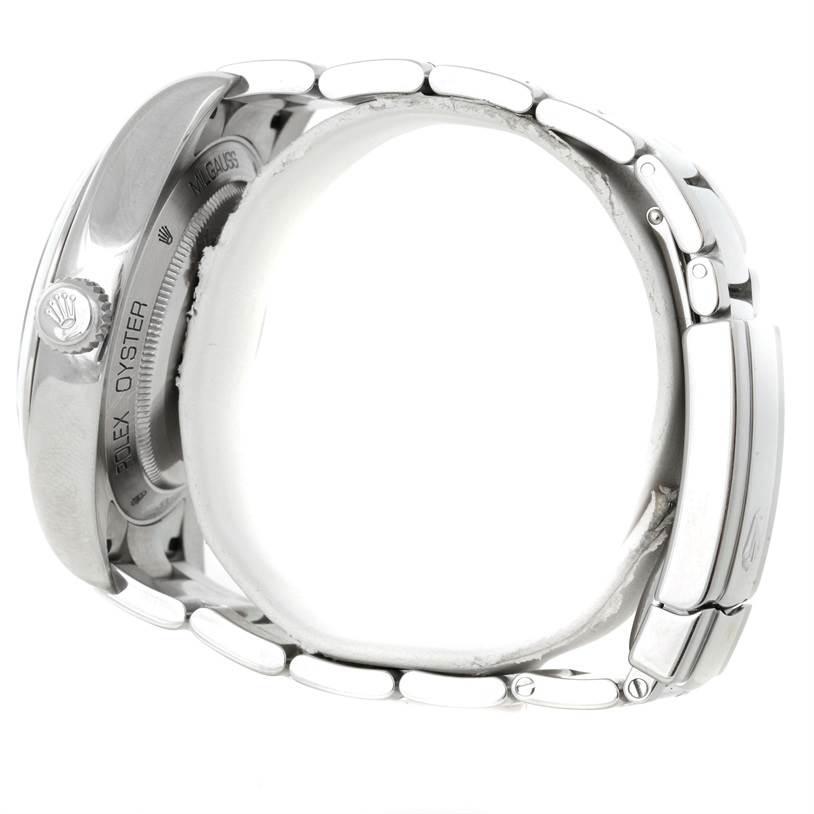 This image shows the side view of a Rolex Milgauss 116400 Men's Stainless Steel Black Dial 116400 Men's Stainless Steel Black Dial watch, highlighting the crown, case back, and bracelet.