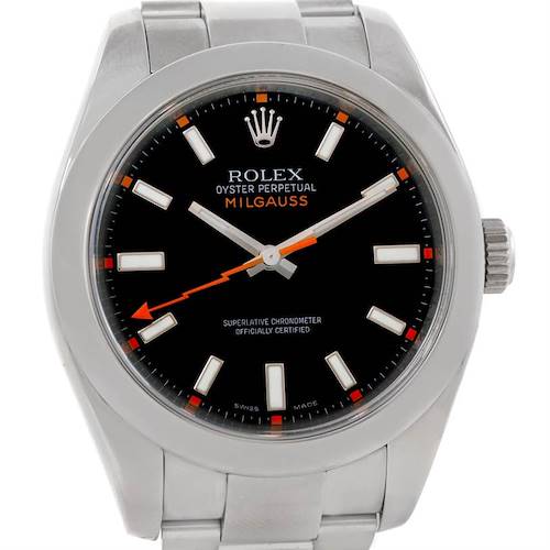 The image shows the front view of a Rolex Milgauss 116400 Men's Stainless Steel Black Dial 116400 Men's Stainless Steel Black Dial watch, displaying its dial, hour markers, hands, and a portion of the bracelet.