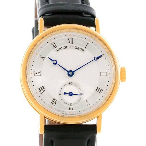 This image shows a front view of the Breguet Classique 5907BA/12/984 Men's Yellow Gold Silver Dial 5907BA/12/984 Men's Yellow Gold Silver Dial wristwatch, highlighting its dial, hands, and leather strap.
