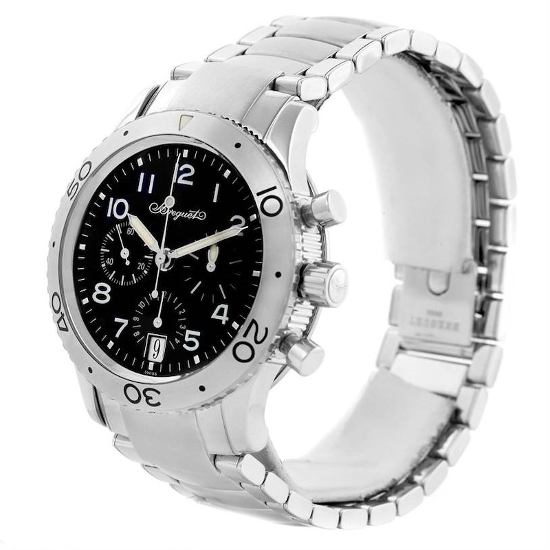 The Breguet Type XX - XXI - XXII 3820ST/H2/SW9 Men's Stainless Steel Black Dial 3820ST/H2/SW9 Men's Stainless Steel Black Dial watch is shown at an angle displaying the face, bezel, pushers, and metallic strap.