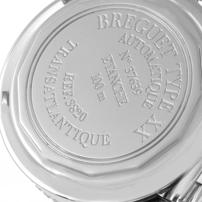 The image shows the engraved case back of a Breguet Type XX model watch from a close-up angle.