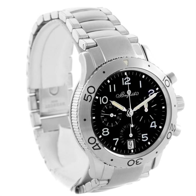 This image shows a Breguet Type XX - XXI - XXII 3820ST/H2/SW9 Men's Stainless Steel Black Dial 3820ST/H2/SW9 Men's Stainless Steel Black Dial watch, displaying its face, bezel, crown, and metal bracelet at an angled view.