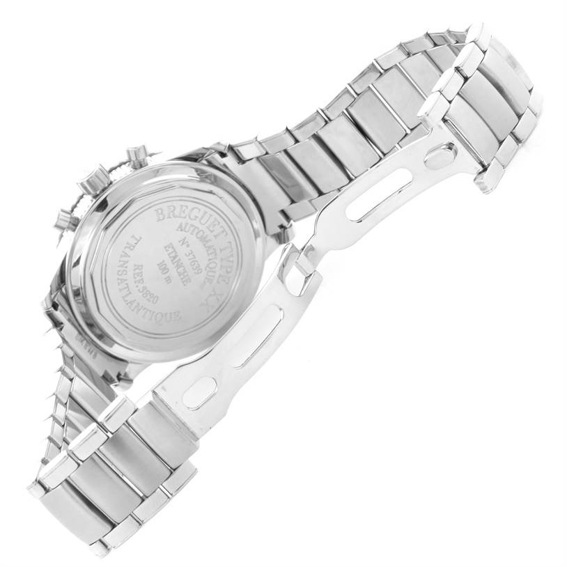 The image shows the back and bracelet of a Breguet Type XX - XXI - XXII 3820ST/H2/SW9 Men's Stainless Steel Black Dial 3820ST/H2/SW9 Men's Stainless Steel Black Dial model watch.