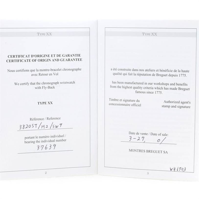 The image shows an open certificate booklet for the Breguet Type XX watch model, displaying the certificate of origin and guarantee.