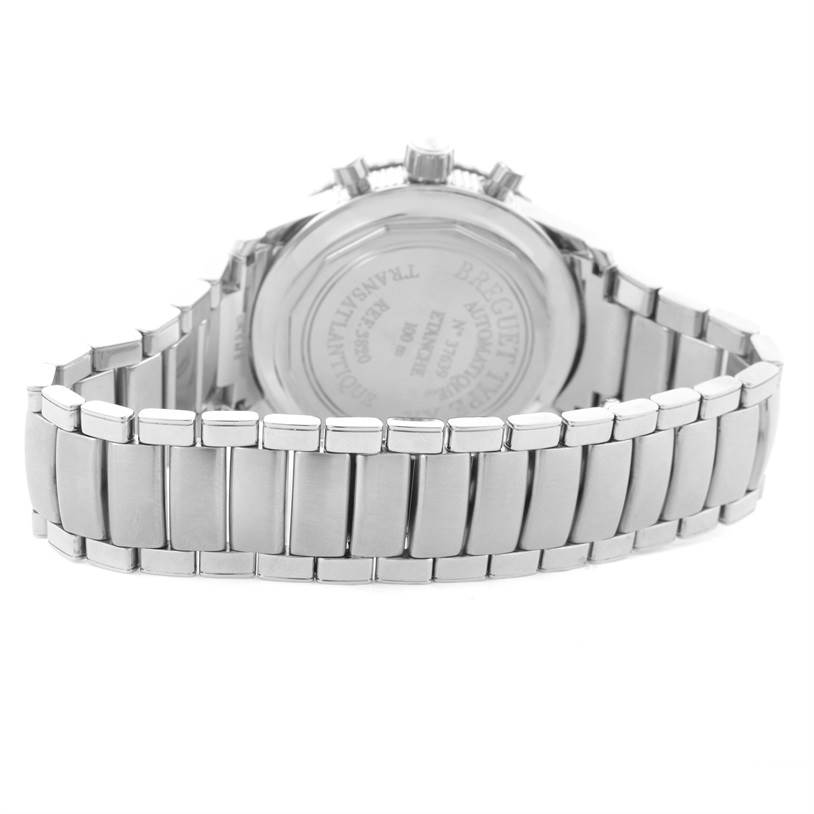 The image shows the back of a Breguet Type XX - XXI - XXII 3820ST/H2/SW9 Men's Stainless Steel Black Dial 3820ST/H2/SW9 Men's Stainless Steel Black Dial watch, highlighting its bracelet and case back detailing.