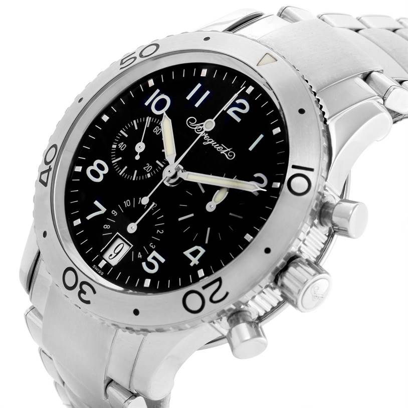This Breguet Type XX - XXI - XXII 3820ST/H2/SW9 Men's Stainless Steel Black Dial 3820ST/H2/SW9 Men's Stainless Steel Black Dial watch is shown from a three-quarter angle, highlighting its dial, bezel, and bracelet.