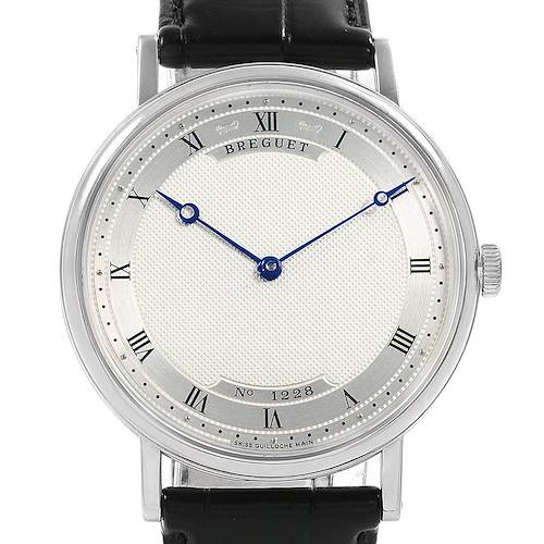 The Breguet Classique 5157BB/11/9V6 Men's White Gold Silver Dial 5157BB/11/9V6 Men's White Gold Silver Dial watch is shown head-on, displaying the dial, hands, bezel, case, and part of the black leather strap.