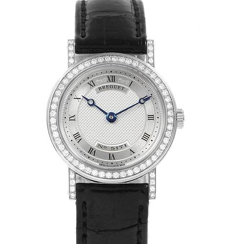 The image shows a frontal view of the Breguet Classique 8561 Women's White Gold Silver Dial 8561 Women's White Gold Silver Dial watch, featuring its face, bezel with diamonds, and a black leather strap.