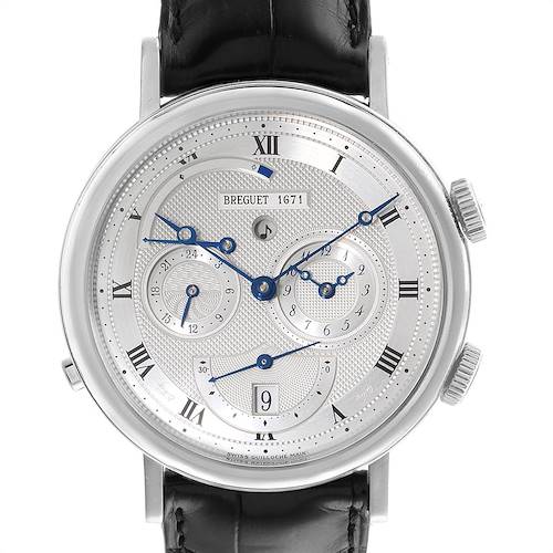 This image displays a front view of the Breguet Classique 5707BB129V6 Men's White Gold Silver Dial 5707BB129V6 Men's White Gold Silver Dial watch, showcasing its dial, hour markers, and leather strap.