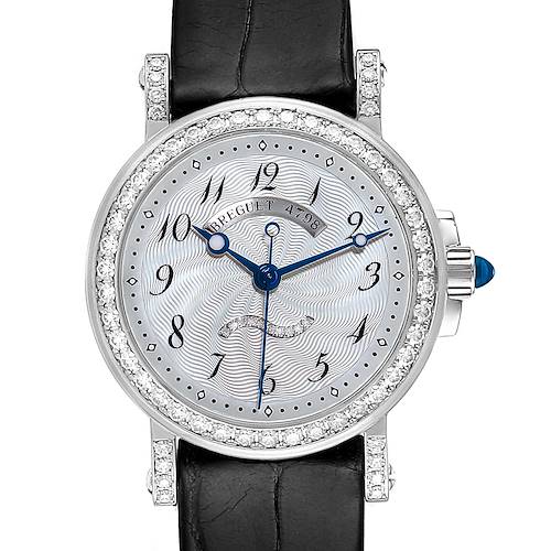 The image shows a front view of the Breguet Women's White Gold Mother of Pearl Dial Women's White Gold Mother of Pearl Dial Classique White Gold Mother Of Pearl Diamond Ladies Watch 8818 model with a black leather strap.