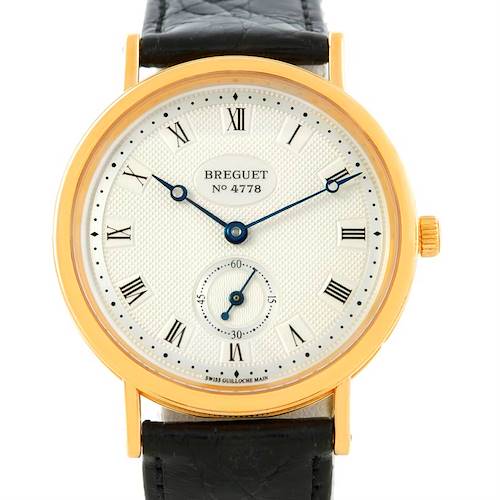 This image shows a front view of the Breguet Classique 3910BA/15/286 Yellow Gold Silver Dial 3910BA/15/286 Yellow Gold Silver Dial model watch, featuring a gold case, Roman numerals, and a black leather strap.