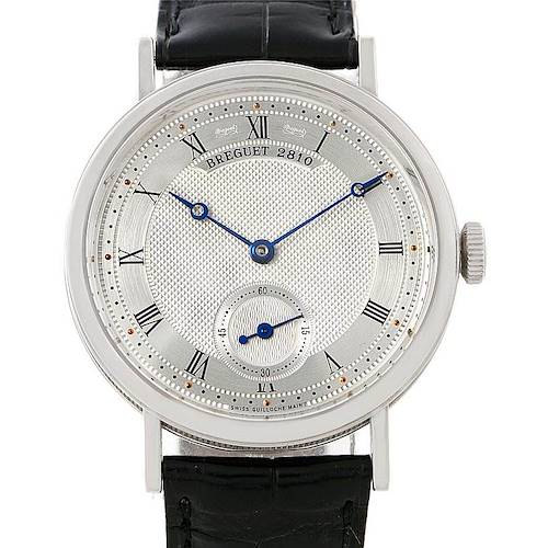 The image shows a front view of the Breguet Classique 5907 Men's White Gold Silver Dial 5907 Men's White Gold Silver Dial 2810 watch, highlighting its dial, hands, and strap.