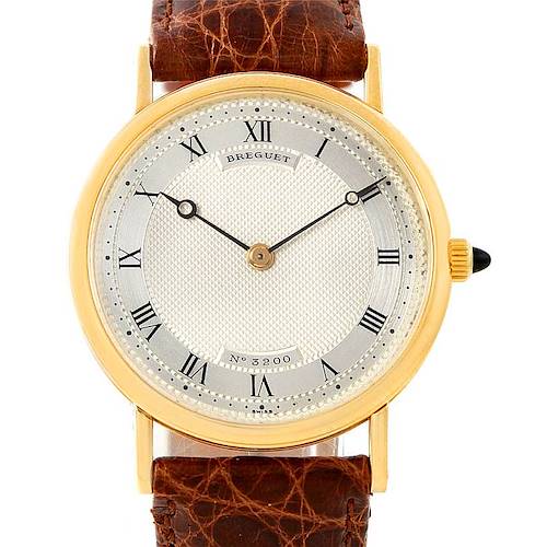 The image shows a front view of the Breguet Classique 3200 Men's Yellow Gold Silver Dial 3200 Men's Yellow Gold Silver Dial watch, featuring the dial, roman numerals, and a leather strap.