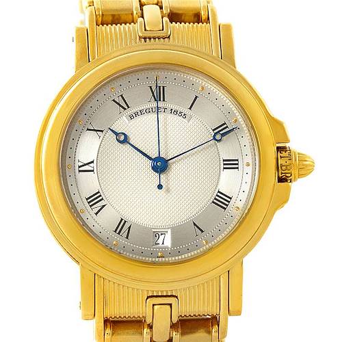 This Breguet Classique 3400 Men's Yellow Gold Silver Dial 3400 Men's Yellow Gold Silver Dial watch is shown in a front view, highlighting its gold case, blue hands, Roman numerals, and date display.