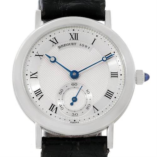 The image shows a front-facing view of a Breguet Classique 3210 White Gold Silver Dial 3210 White Gold Silver Dial watch, displaying its Roman numerals, sub-dial, and blue hands.